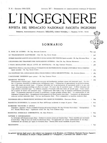 L'ingegnere rivista tecnica del Sindacato nazionale fascista ingegneri