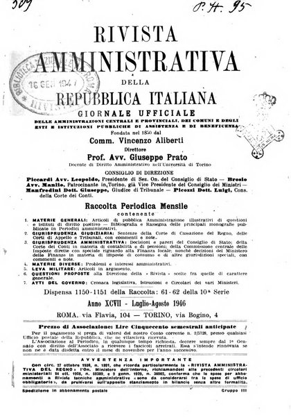 Rivista amministrativa della Repubblica italiana giornale ufficiale delle amministrazioni centrali e provinciali, dei comuni e degli enti e istituzioni pubbliche di assistenza e di beneficenza