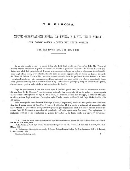 Palaeontographia Italica raccolta di monografie paleontologiche fondata da Mario Canavari nell'anno 1895