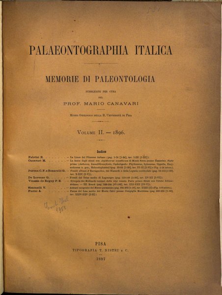 Palaeontographia Italica raccolta di monografie paleontologiche fondata da Mario Canavari nell'anno 1895