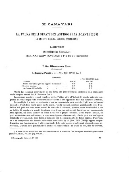 Palaeontographia Italica raccolta di monografie paleontologiche fondata da Mario Canavari nell'anno 1895