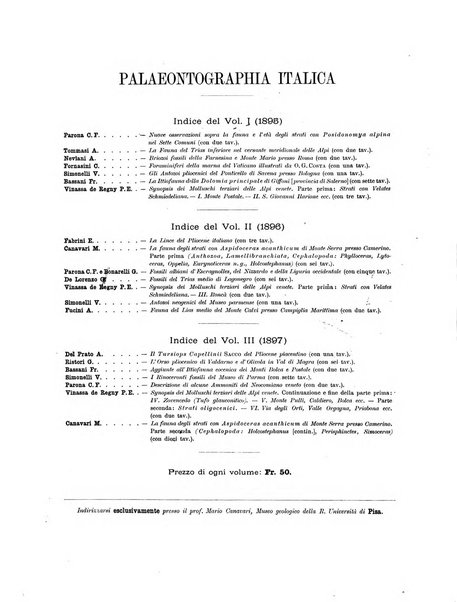 Palaeontographia Italica raccolta di monografie paleontologiche fondata da Mario Canavari nell'anno 1895