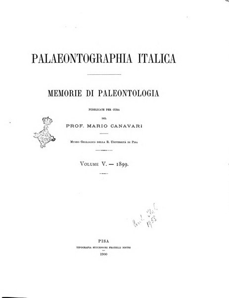 Palaeontographia Italica raccolta di monografie paleontologiche fondata da Mario Canavari nell'anno 1895