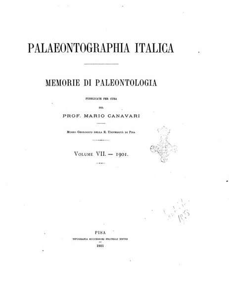 Palaeontographia Italica raccolta di monografie paleontologiche fondata da Mario Canavari nell'anno 1895