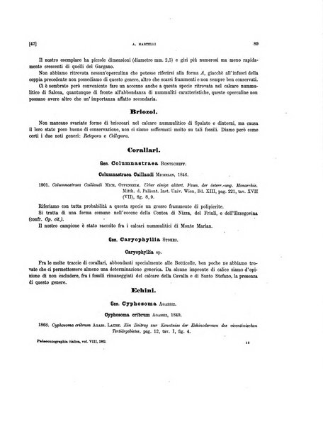 Palaeontographia Italica raccolta di monografie paleontologiche fondata da Mario Canavari nell'anno 1895