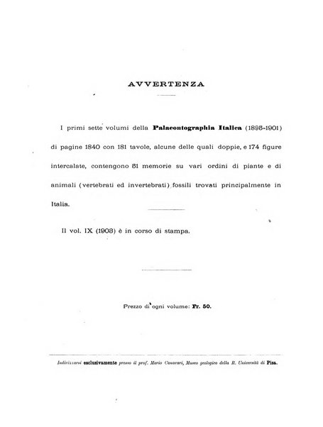 Palaeontographia Italica raccolta di monografie paleontologiche fondata da Mario Canavari nell'anno 1895