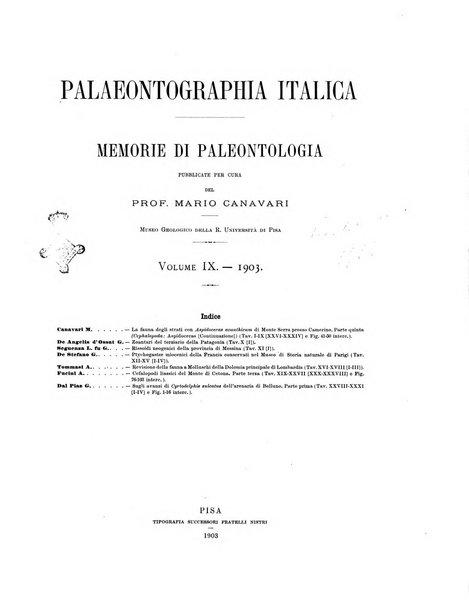 Palaeontographia Italica raccolta di monografie paleontologiche fondata da Mario Canavari nell'anno 1895