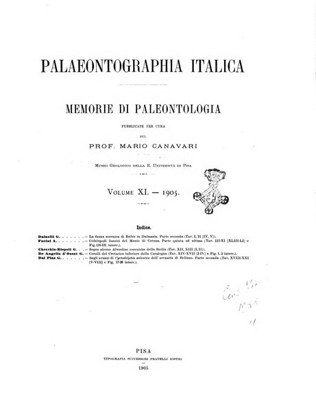 Palaeontographia Italica raccolta di monografie paleontologiche fondata da Mario Canavari nell'anno 1895