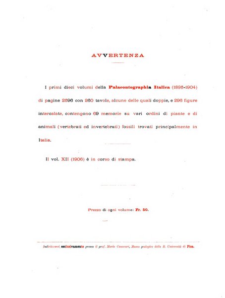 Palaeontographia Italica raccolta di monografie paleontologiche fondata da Mario Canavari nell'anno 1895