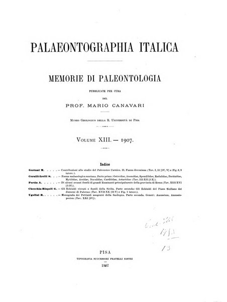 Palaeontographia Italica raccolta di monografie paleontologiche fondata da Mario Canavari nell'anno 1895