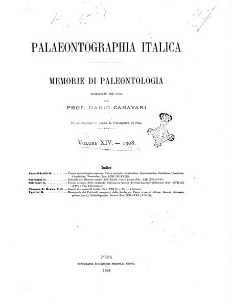 Palaeontographia Italica raccolta di monografie paleontologiche fondata da Mario Canavari nell'anno 1895