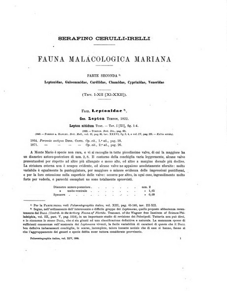 Palaeontographia Italica raccolta di monografie paleontologiche fondata da Mario Canavari nell'anno 1895