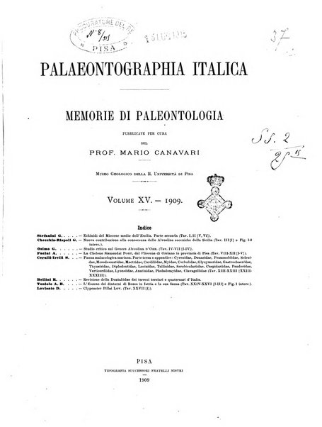 Palaeontographia Italica raccolta di monografie paleontologiche fondata da Mario Canavari nell'anno 1895