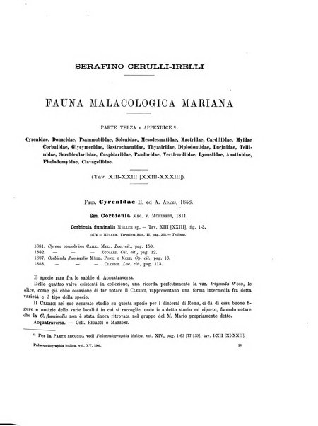 Palaeontographia Italica raccolta di monografie paleontologiche fondata da Mario Canavari nell'anno 1895