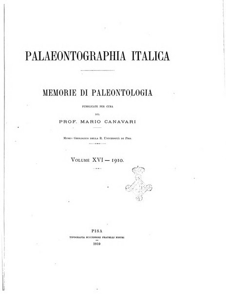 Palaeontographia Italica raccolta di monografie paleontologiche fondata da Mario Canavari nell'anno 1895