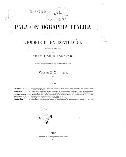 Palaeontographia Italica raccolta di monografie paleontologiche fondata da Mario Canavari nell'anno 1895