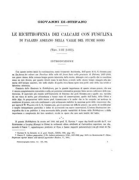 Palaeontographia Italica raccolta di monografie paleontologiche fondata da Mario Canavari nell'anno 1895