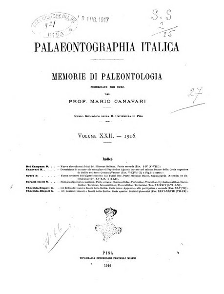 Palaeontographia Italica raccolta di monografie paleontologiche fondata da Mario Canavari nell'anno 1895