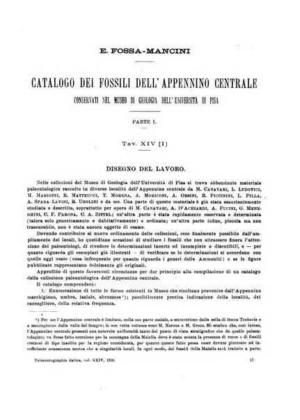 Palaeontographia Italica raccolta di monografie paleontologiche fondata da Mario Canavari nell'anno 1895