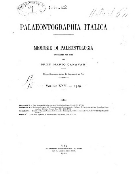 Palaeontographia Italica raccolta di monografie paleontologiche fondata da Mario Canavari nell'anno 1895