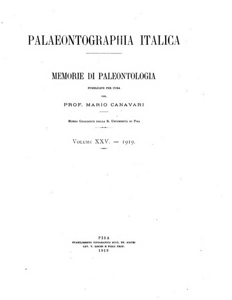 Palaeontographia Italica raccolta di monografie paleontologiche fondata da Mario Canavari nell'anno 1895