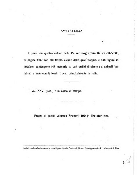 Palaeontographia Italica raccolta di monografie paleontologiche fondata da Mario Canavari nell'anno 1895