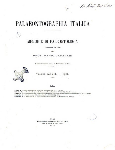 Palaeontographia Italica raccolta di monografie paleontologiche fondata da Mario Canavari nell'anno 1895