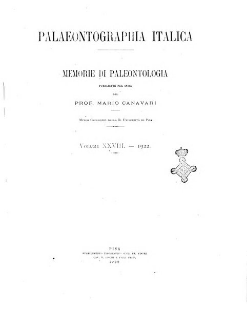 Palaeontographia Italica raccolta di monografie paleontologiche fondata da Mario Canavari nell'anno 1895