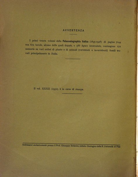 Palaeontographia Italica raccolta di monografie paleontologiche fondata da Mario Canavari nell'anno 1895