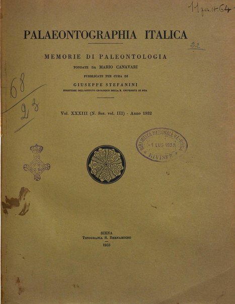 Palaeontographia Italica raccolta di monografie paleontologiche fondata da Mario Canavari nell'anno 1895