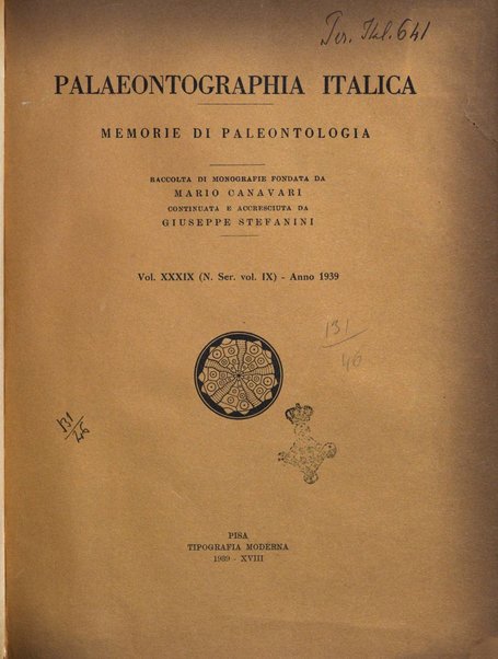 Palaeontographia Italica raccolta di monografie paleontologiche fondata da Mario Canavari nell'anno 1895