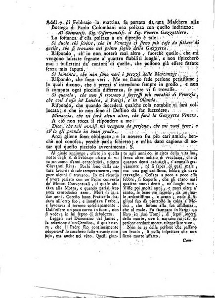 Gazzetta veneta che contiene tutto quello, ch'è da vendere, da comperare, da darsi a fitto, le cose ricercate, le perdute, le trovate, in Venezia, o fuori di Venezia, il prezzo delle merci, il valore de' cambj, ed altre notizie, parte dilettevoli, e parte utili al Pubblico