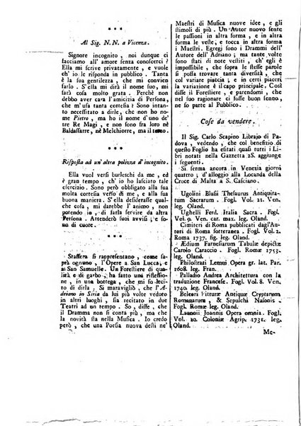 Gazzetta veneta che contiene tutto quello, ch'è da vendere, da comperare, da darsi a fitto, le cose ricercate, le perdute, le trovate, in Venezia, o fuori di Venezia, il prezzo delle merci, il valore de' cambj, ed altre notizie, parte dilettevoli, e parte utili al Pubblico