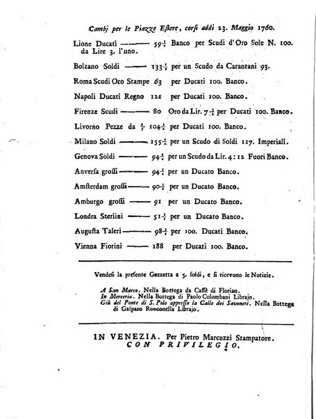 Gazzetta veneta che contiene tutto quello, ch'è da vendere, da comperare, da darsi a fitto, le cose ricercate, le perdute, le trovate, in Venezia, o fuori di Venezia, il prezzo delle merci, il valore de' cambj, ed altre notizie, parte dilettevoli, e parte utili al Pubblico