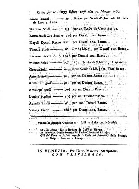 Gazzetta veneta che contiene tutto quello, ch'è da vendere, da comperare, da darsi a fitto, le cose ricercate, le perdute, le trovate, in Venezia, o fuori di Venezia, il prezzo delle merci, il valore de' cambj, ed altre notizie, parte dilettevoli, e parte utili al Pubblico