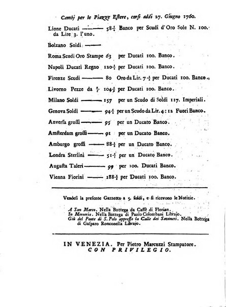 Gazzetta veneta che contiene tutto quello, ch'è da vendere, da comperare, da darsi a fitto, le cose ricercate, le perdute, le trovate, in Venezia, o fuori di Venezia, il prezzo delle merci, il valore de' cambj, ed altre notizie, parte dilettevoli, e parte utili al Pubblico