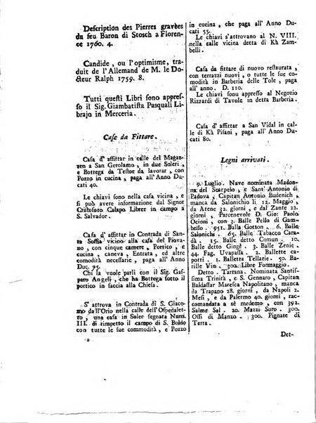 Gazzetta veneta che contiene tutto quello, ch'è da vendere, da comperare, da darsi a fitto, le cose ricercate, le perdute, le trovate, in Venezia, o fuori di Venezia, il prezzo delle merci, il valore de' cambj, ed altre notizie, parte dilettevoli, e parte utili al Pubblico