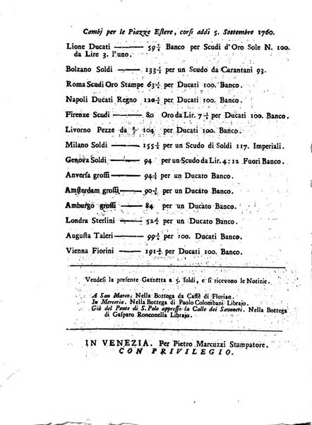 Gazzetta veneta che contiene tutto quello, ch'è da vendere, da comperare, da darsi a fitto, le cose ricercate, le perdute, le trovate, in Venezia, o fuori di Venezia, il prezzo delle merci, il valore de' cambj, ed altre notizie, parte dilettevoli, e parte utili al Pubblico