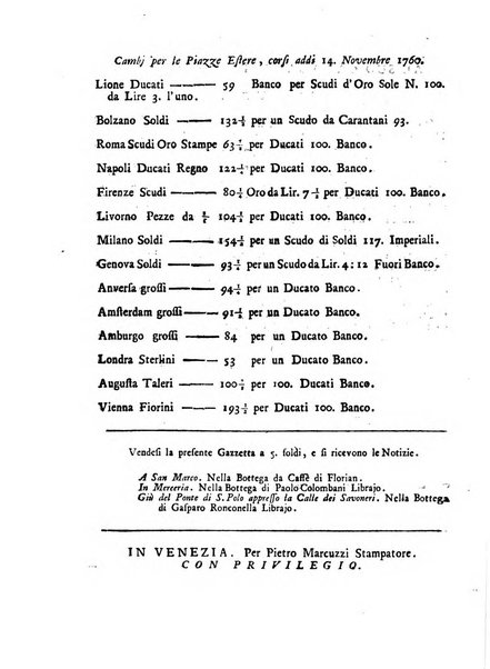 Gazzetta veneta che contiene tutto quello, ch'è da vendere, da comperare, da darsi a fitto, le cose ricercate, le perdute, le trovate, in Venezia, o fuori di Venezia, il prezzo delle merci, il valore de' cambj, ed altre notizie, parte dilettevoli, e parte utili al Pubblico