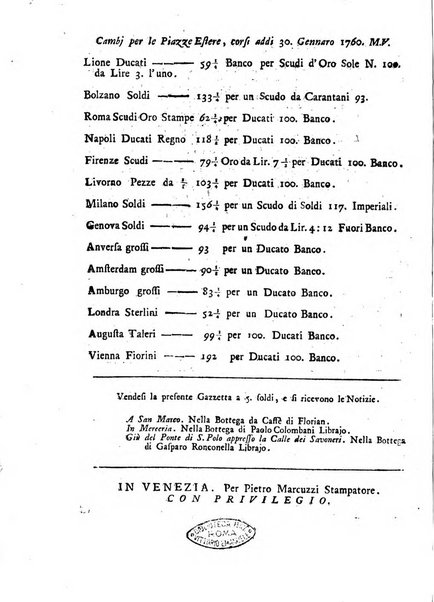 Gazzetta veneta che contiene tutto quello, ch'è da vendere, da comperare, da darsi a fitto, le cose ricercate, le perdute, le trovate, in Venezia, o fuori di Venezia, il prezzo delle merci, il valore de' cambj, ed altre notizie, parte dilettevoli, e parte utili al Pubblico