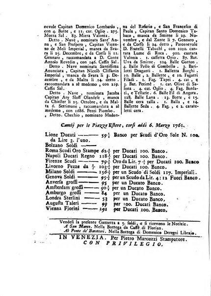 Gazzetta veneta che contiene tutto quello, ch'è da vendere, da comperare, da darsi a fitto, le cose ricercate, le perdute, le trovate, in Venezia, o fuori di Venezia, il prezzo delle merci, il valore de' cambj, ed altre notizie, parte dilettevoli, e parte utili al Pubblico