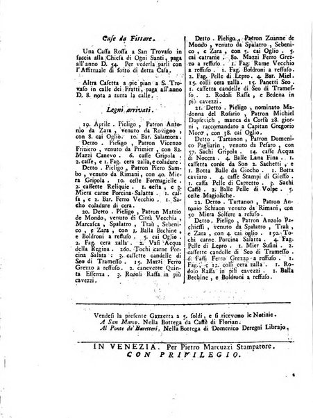 Gazzetta veneta che contiene tutto quello, ch'è da vendere, da comperare, da darsi a fitto, le cose ricercate, le perdute, le trovate, in Venezia, o fuori di Venezia, il prezzo delle merci, il valore de' cambj, ed altre notizie, parte dilettevoli, e parte utili al Pubblico