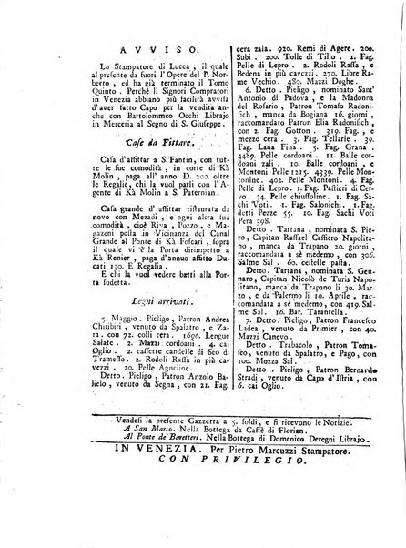 Gazzetta veneta che contiene tutto quello, ch'è da vendere, da comperare, da darsi a fitto, le cose ricercate, le perdute, le trovate, in Venezia, o fuori di Venezia, il prezzo delle merci, il valore de' cambj, ed altre notizie, parte dilettevoli, e parte utili al Pubblico