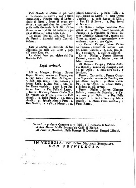 Gazzetta veneta che contiene tutto quello, ch'è da vendere, da comperare, da darsi a fitto, le cose ricercate, le perdute, le trovate, in Venezia, o fuori di Venezia, il prezzo delle merci, il valore de' cambj, ed altre notizie, parte dilettevoli, e parte utili al Pubblico