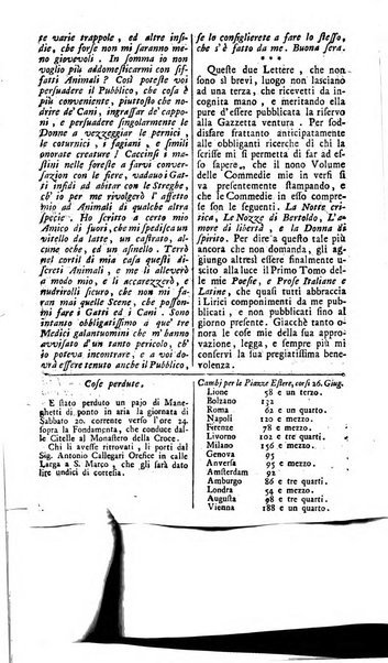 Gazzetta veneta che contiene tutto quello, ch'è da vendere, da comperare, da darsi a fitto, le cose ricercate, le perdute, le trovate, in Venezia, o fuori di Venezia, il prezzo delle merci, il valore de' cambj, ed altre notizie, parte dilettevoli, e parte utili al Pubblico