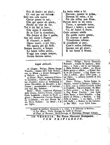 Gazzetta veneta che contiene tutto quello, ch'è da vendere, da comperare, da darsi a fitto, le cose ricercate, le perdute, le trovate, in Venezia, o fuori di Venezia, il prezzo delle merci, il valore de' cambj, ed altre notizie, parte dilettevoli, e parte utili al Pubblico