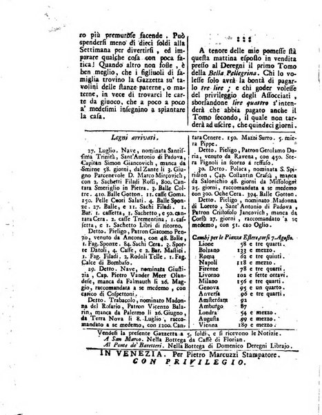 Gazzetta veneta che contiene tutto quello, ch'è da vendere, da comperare, da darsi a fitto, le cose ricercate, le perdute, le trovate, in Venezia, o fuori di Venezia, il prezzo delle merci, il valore de' cambj, ed altre notizie, parte dilettevoli, e parte utili al Pubblico