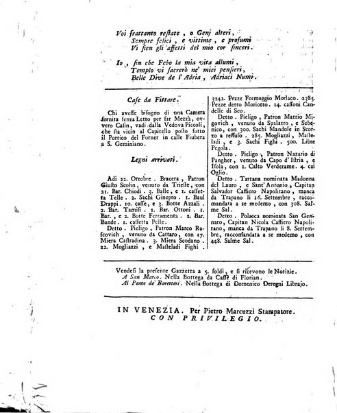 Gazzetta veneta che contiene tutto quello, ch'è da vendere, da comperare, da darsi a fitto, le cose ricercate, le perdute, le trovate, in Venezia, o fuori di Venezia, il prezzo delle merci, il valore de' cambj, ed altre notizie, parte dilettevoli, e parte utili al Pubblico