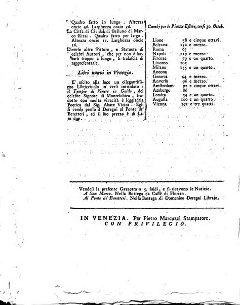 Gazzetta veneta che contiene tutto quello, ch'è da vendere, da comperare, da darsi a fitto, le cose ricercate, le perdute, le trovate, in Venezia, o fuori di Venezia, il prezzo delle merci, il valore de' cambj, ed altre notizie, parte dilettevoli, e parte utili al Pubblico