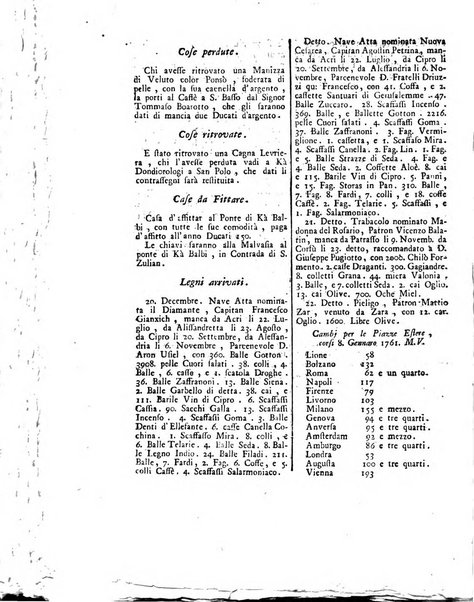 Gazzetta veneta che contiene tutto quello, ch'è da vendere, da comperare, da darsi a fitto, le cose ricercate, le perdute, le trovate, in Venezia, o fuori di Venezia, il prezzo delle merci, il valore de' cambj, ed altre notizie, parte dilettevoli, e parte utili al Pubblico